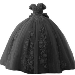 BLACK Lace Beaded Quinceanera Dress Ball Gown Puffy Off Shoulder Prom Dress
